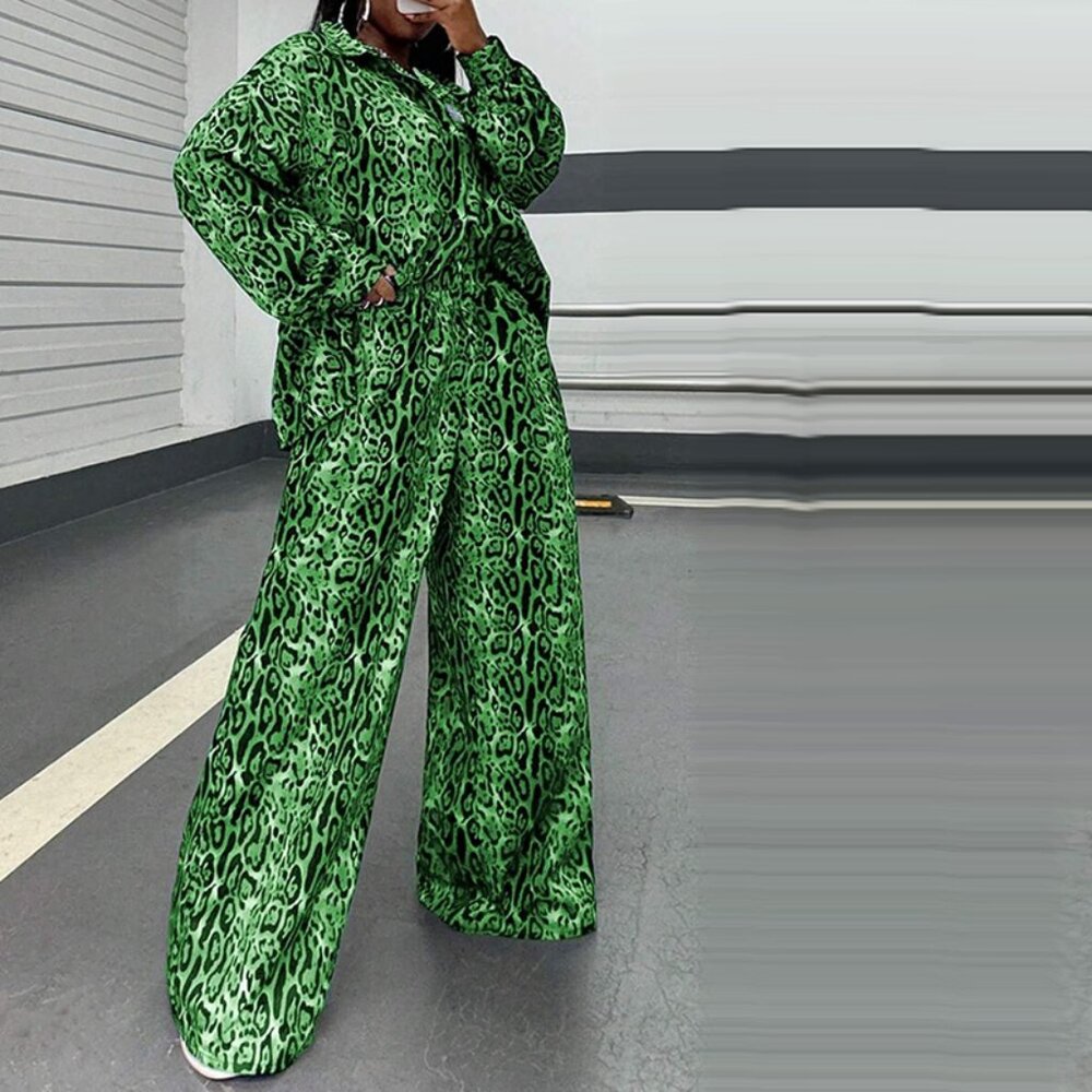 Green Leopard Print Long Sleeve Button Down Top and Wide Leg Pants Set
